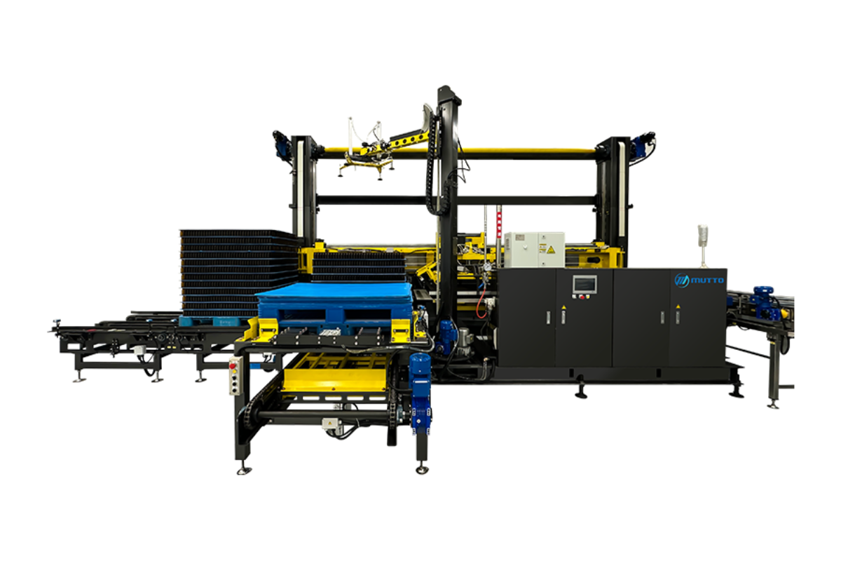 Máy dỡ chai nhựa, ống thủy tinh tự động từ pallet lên băng chuyền
